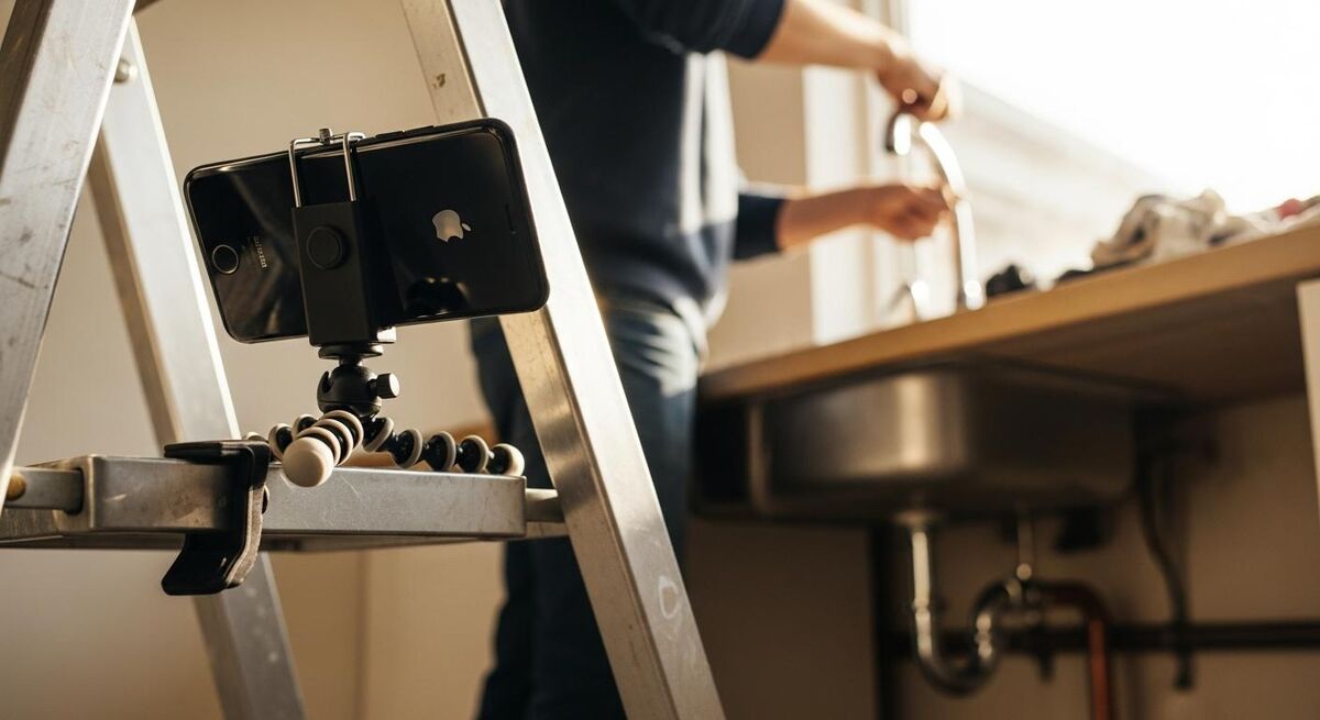 Tradesperson holding an iPhone vertically while filming a kitchen tap installation in progress