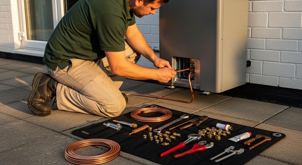 Air source heat pump installation outside a UK home