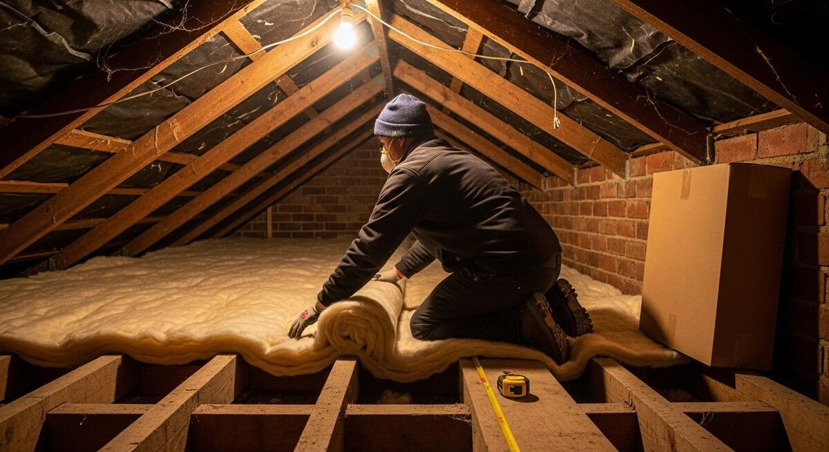 Insulation installer fitting loft insulation in a UK terraced house