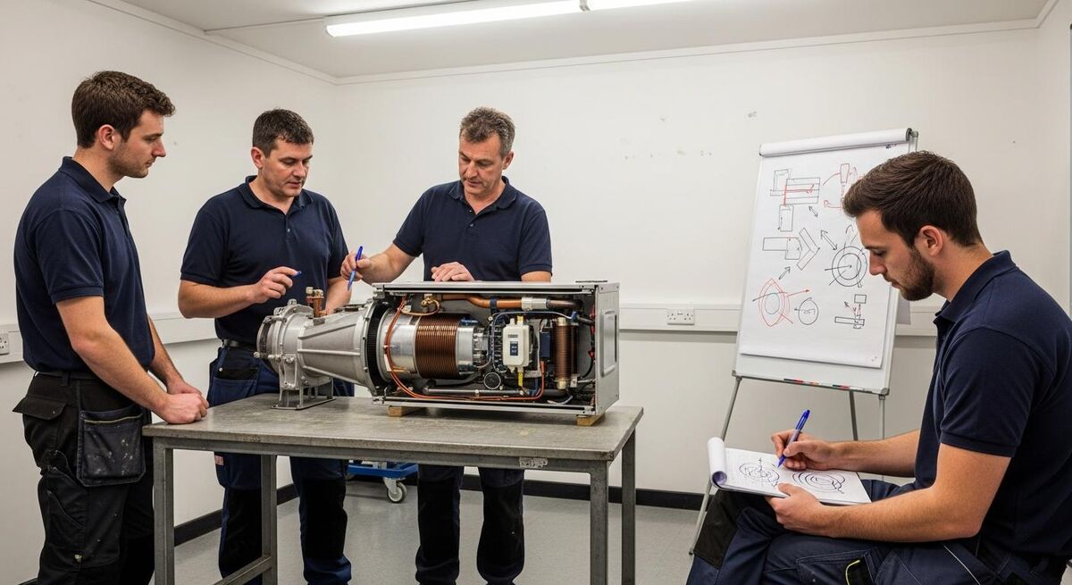 Heating engineer training session with classroom equipment