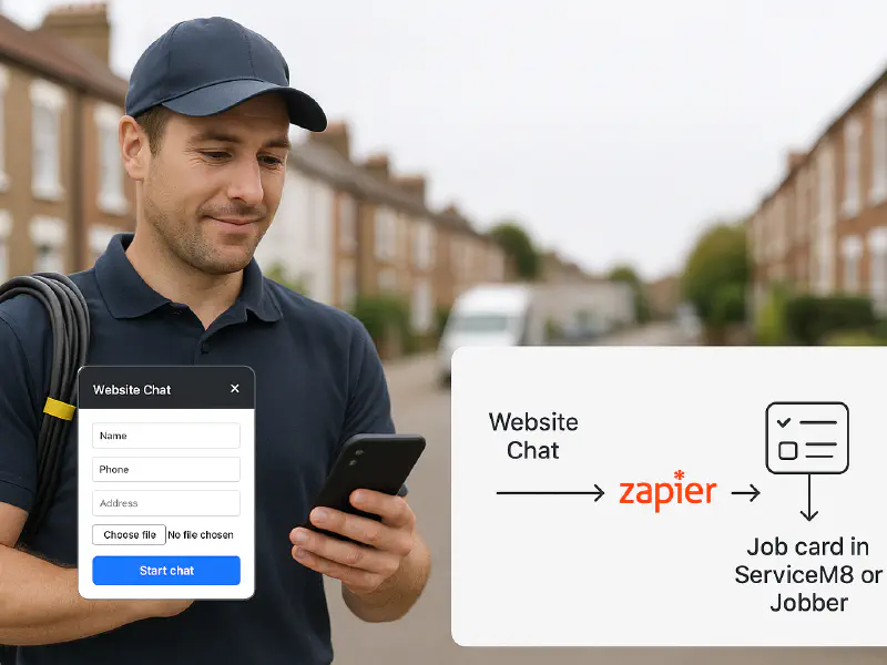 Website chat to job: capture address and photos, then auto‑create jobs in ServiceM8 or Jobber featured image