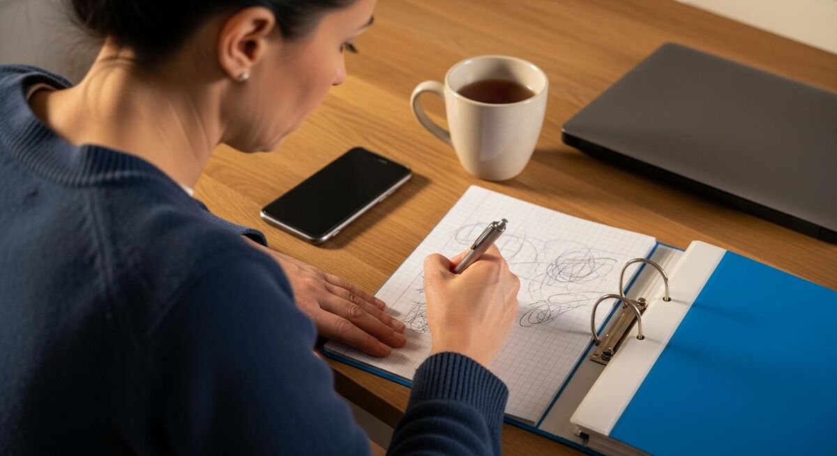 Business owner writing an action list on paper at a kitchen table