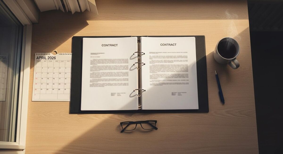 Trades business owner reviewing employment contracts and HR paperwork in a small office