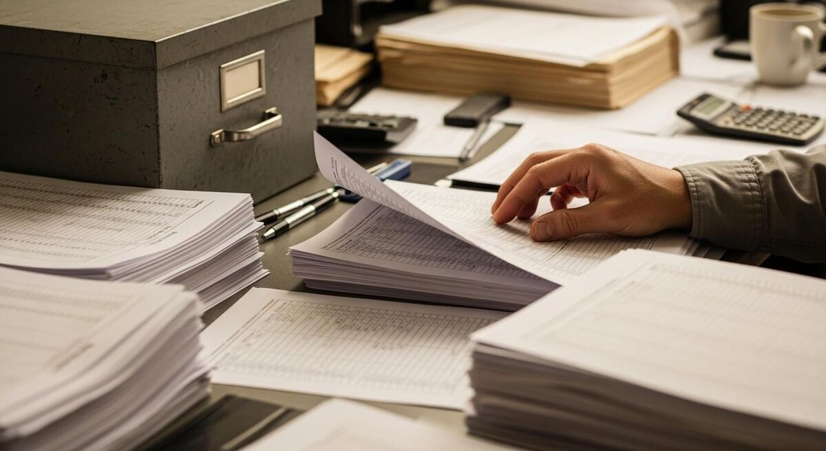 Payroll records and time sheets laid out on a desk ready for an employment audit