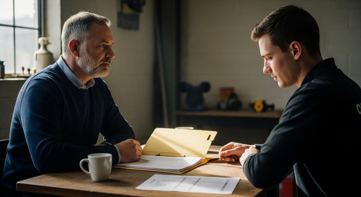 Two people having a serious performance conversation in a workshop office setting