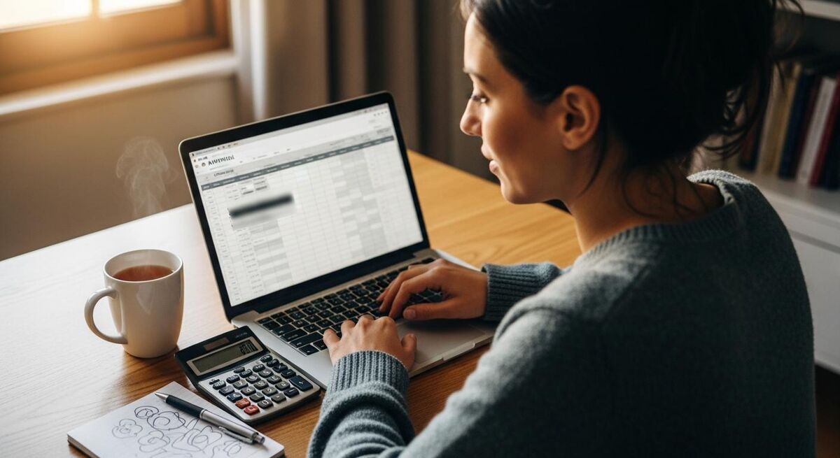 Bookkeeper reviewing a payroll spreadsheet on a laptop with a mug of tea and a calculator