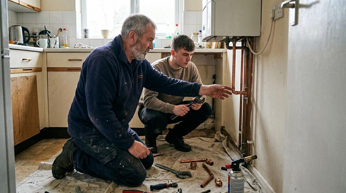 An experienced electrician showing an apprentice how to work safely on a real domestic job