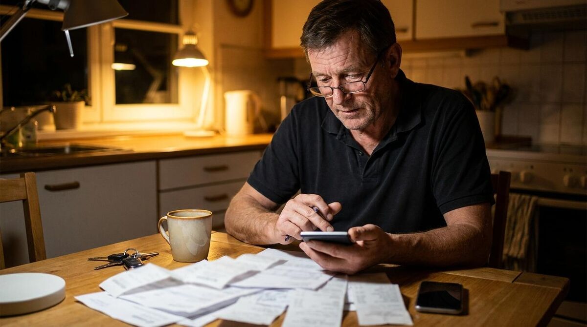 A trades business owner at a kitchen table sorting paperwork and a calculator in warm evening light