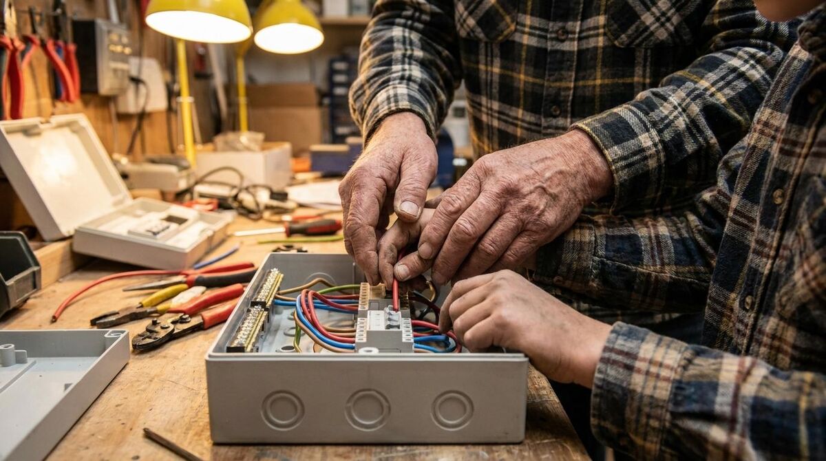 An experienced tradesperson guiding a young apprentice at a workbench in a busy workshop