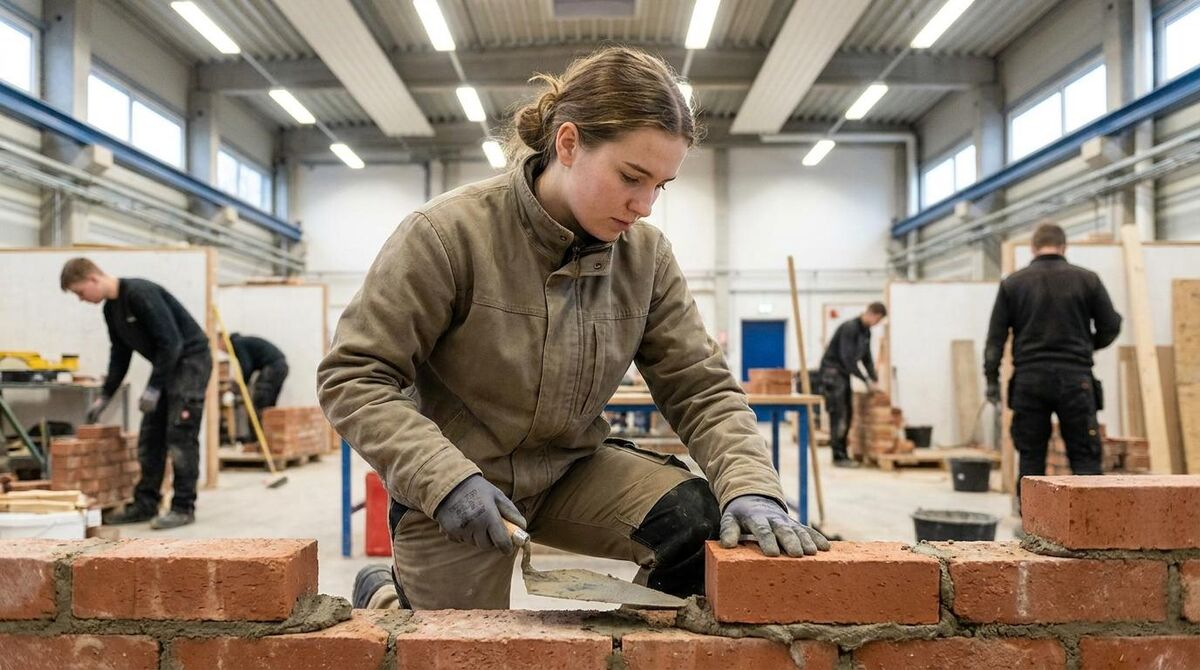 A young apprentice learning a practical bench skill in a college training workshop