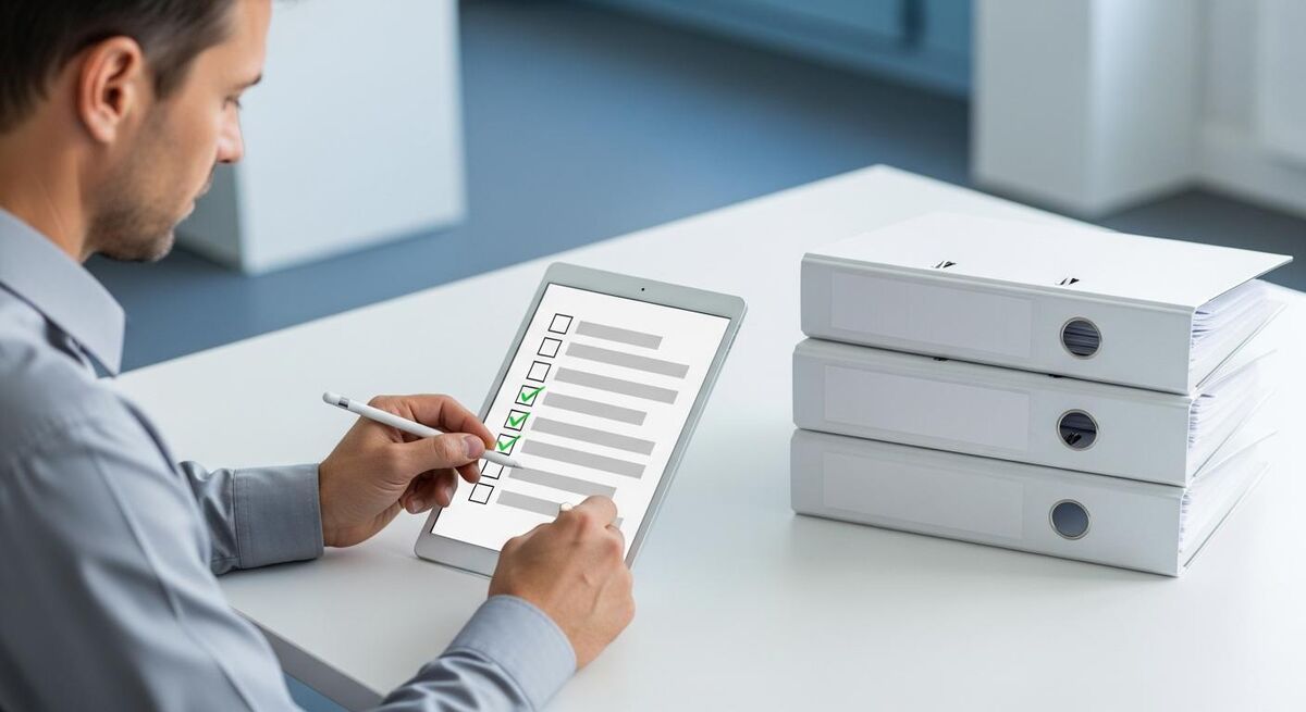 A compliance manager working through a contractor records audit checklist on a tablet