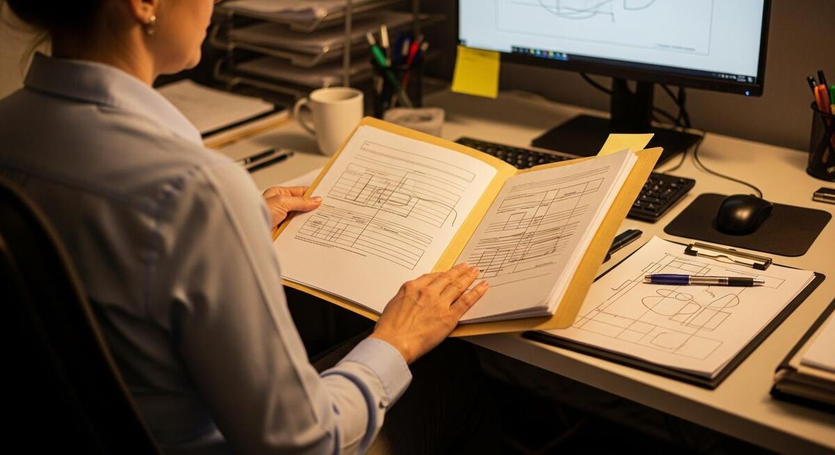 A social housing compliance officer reviewing contractor certificates and records at a desk