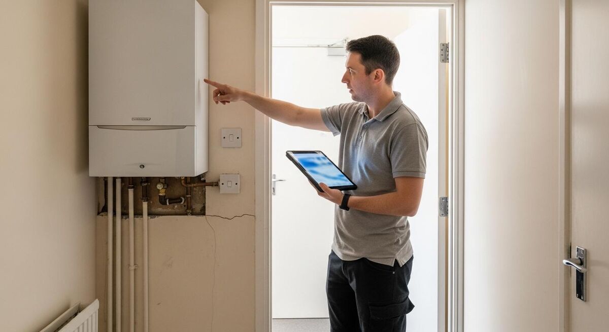 A surveyor carrying out a physical stock condition assessment inside a social housing property