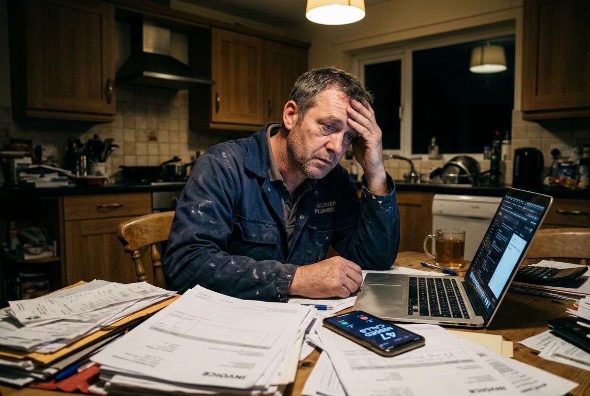 A tired UK tradesperson surrounded by paper invoices at a kitchen table late at night