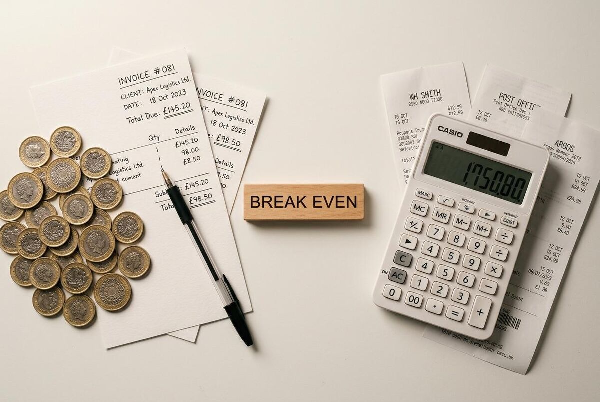British pound coins, invoices, and a calculator showing the break-even point for job management software