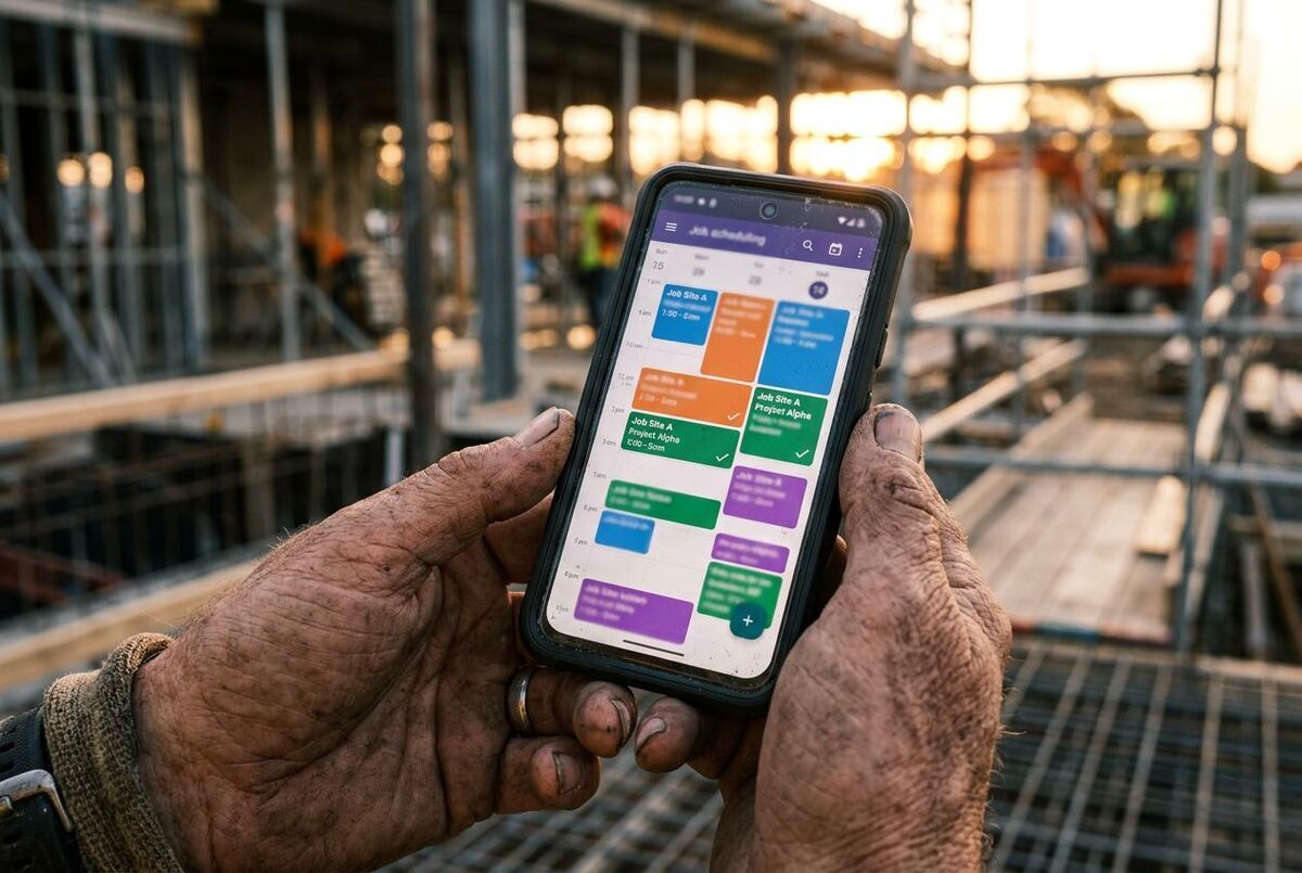 Weathered tradesperson hands holding a smartphone showing a colourful job scheduling app on a construction site at golden hour