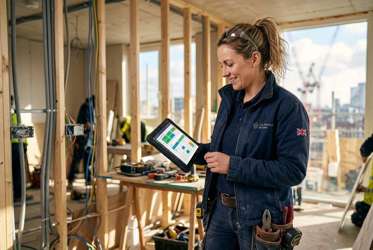 Female electrician on a UK construction site using a job management app on a tablet