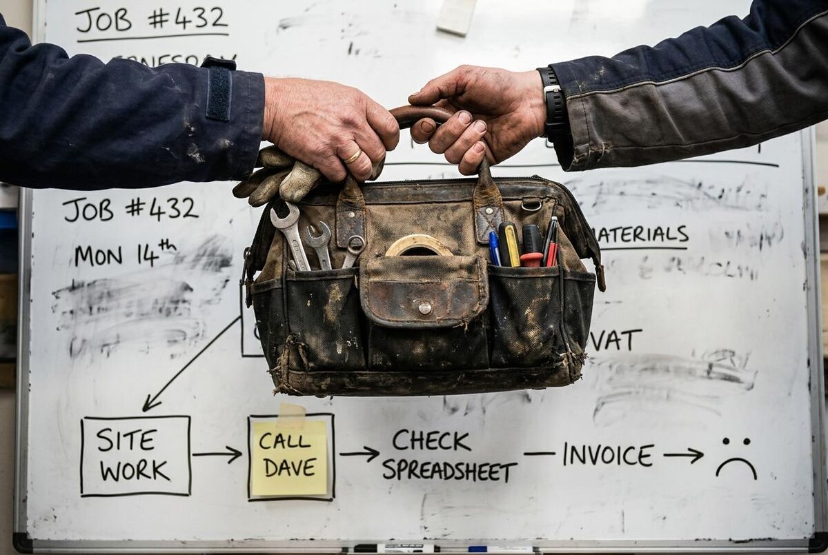 A tradesperson's chaotic workflow on a whiteboard: Site Work, Call Dave, Check Spreadsheet, Invoice, and a sad face