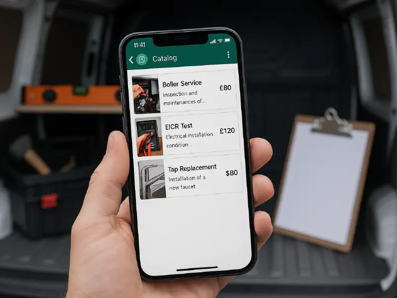 WhatsApp Business catalog for trades: set up services, prices and a booking flow featured image