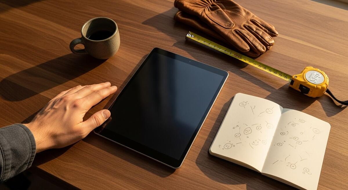 An overhead view of a workbench with a face-down tablet, mug, gloves and a notebook
