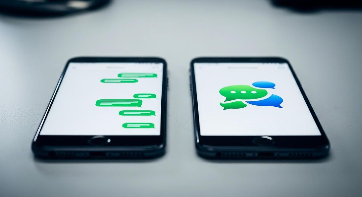 A close-up of two phones on a workbench showing the WhatsApp Business app icon being downloaded
