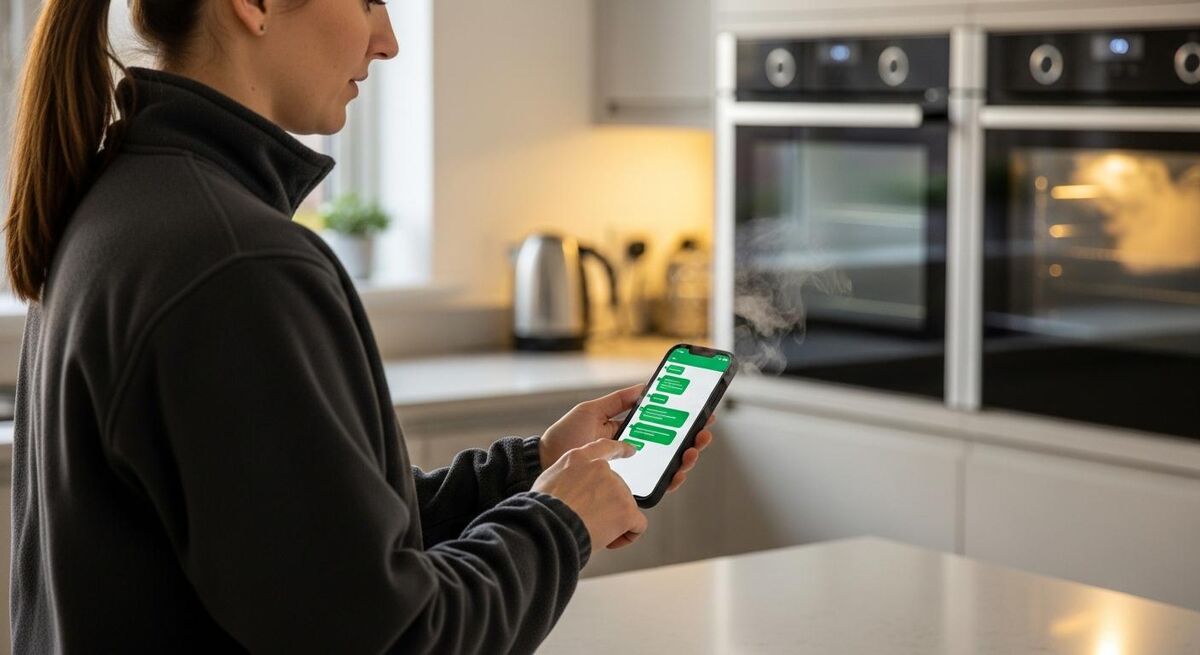 A tradesperson tapping a quick reply shortcut on a phone screen showing a chat thread
