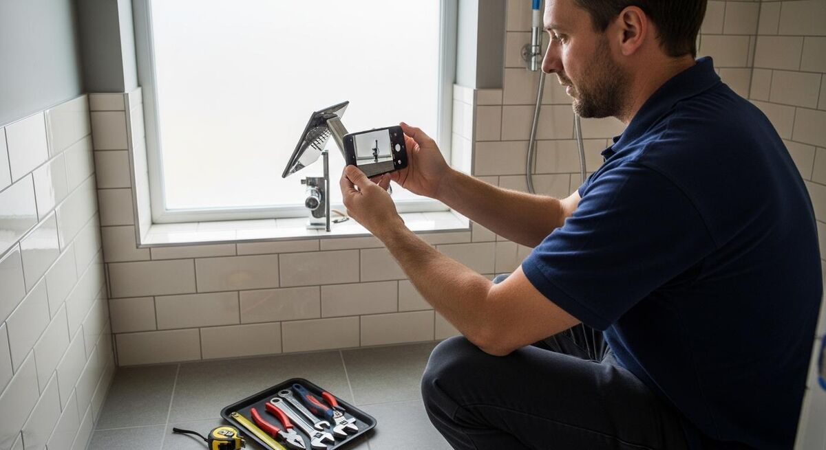 A tradesperson photographing a finished kitchen install for a service catalogue