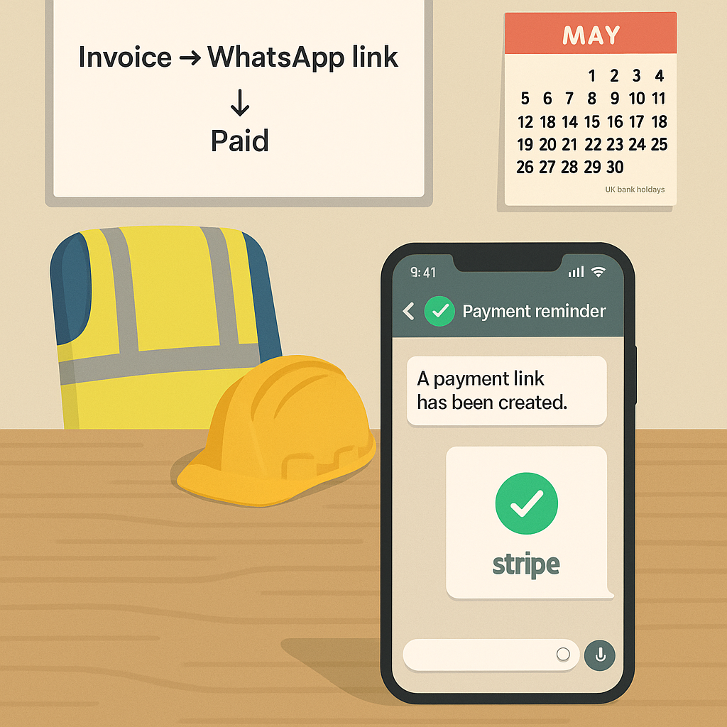 WhatsApp payment reminders for trades: link to pay with Stripe or GoCardless and get cash in fast featured image