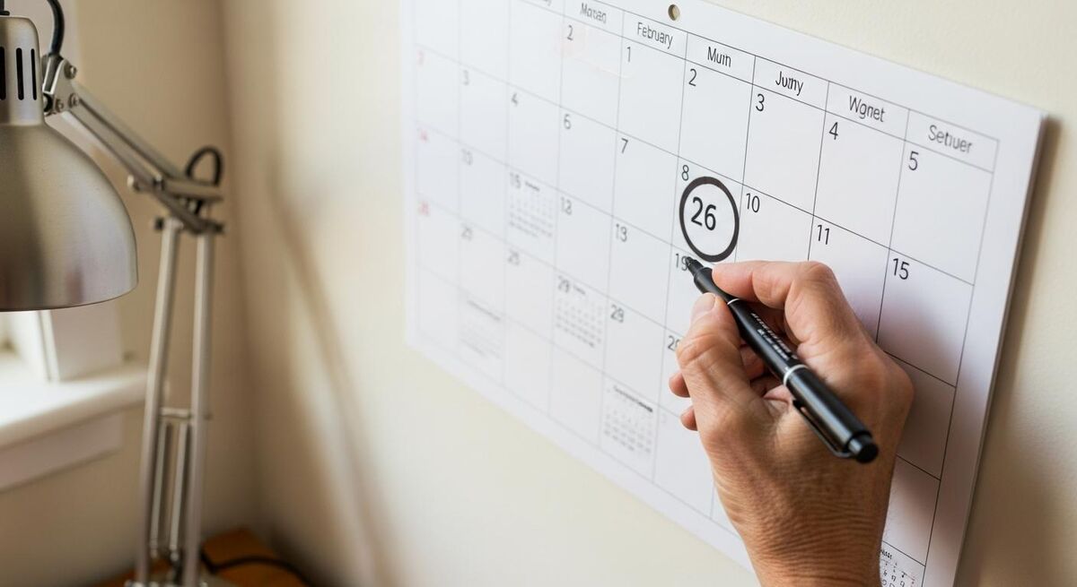 A wall calendar with marker pen ringing April dates in a small workshop office