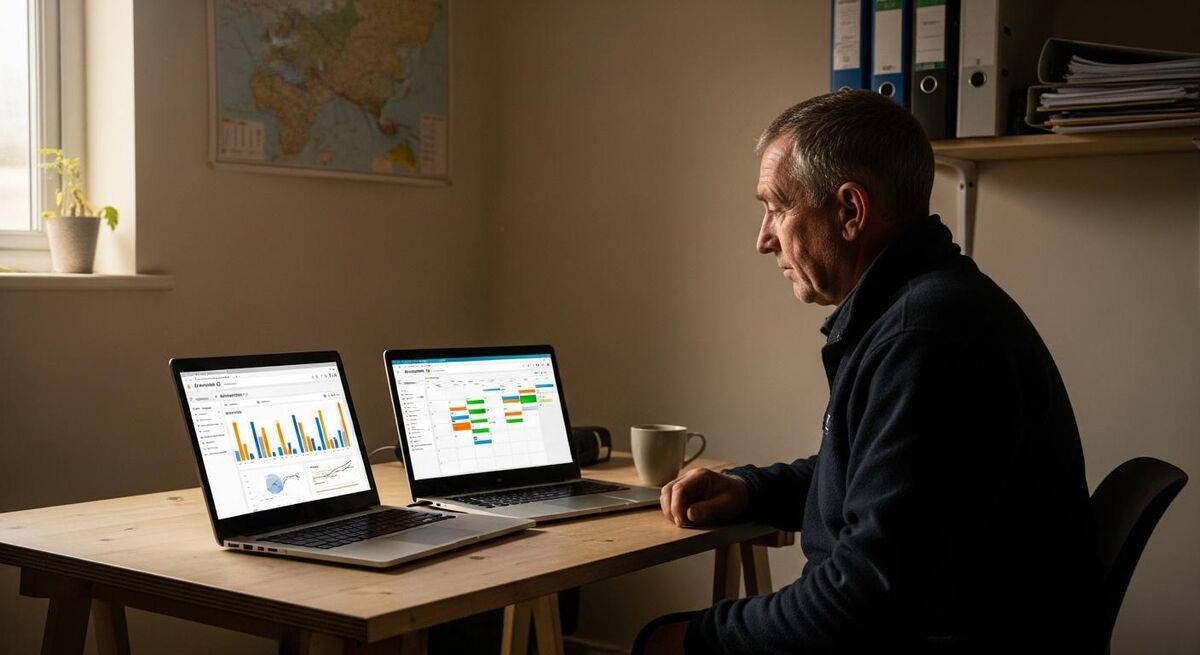 A trade business owner at a small home office reviewing cloud accounting software on a laptop