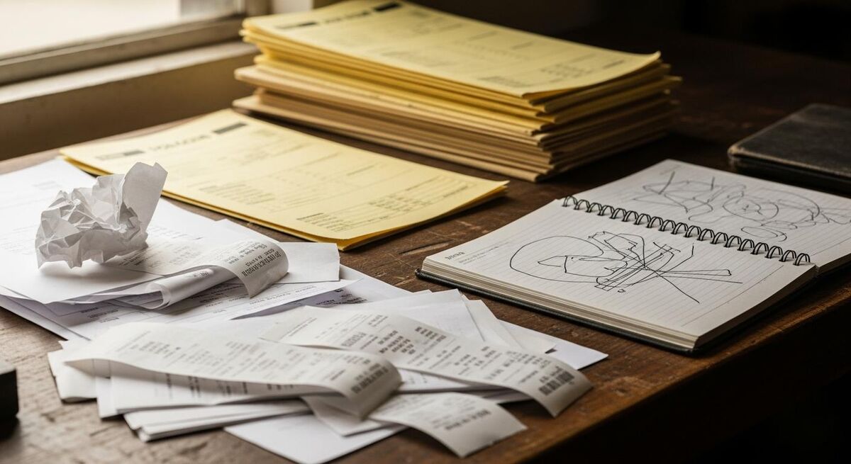 Paper invoices, receipts and job sheets stacked on a workshop bench