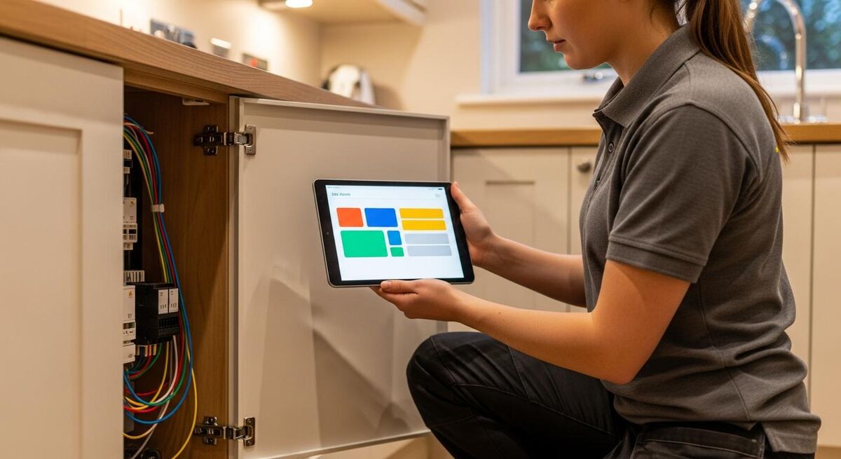 A trade engineer on a kitchen install logging job details on a tablet