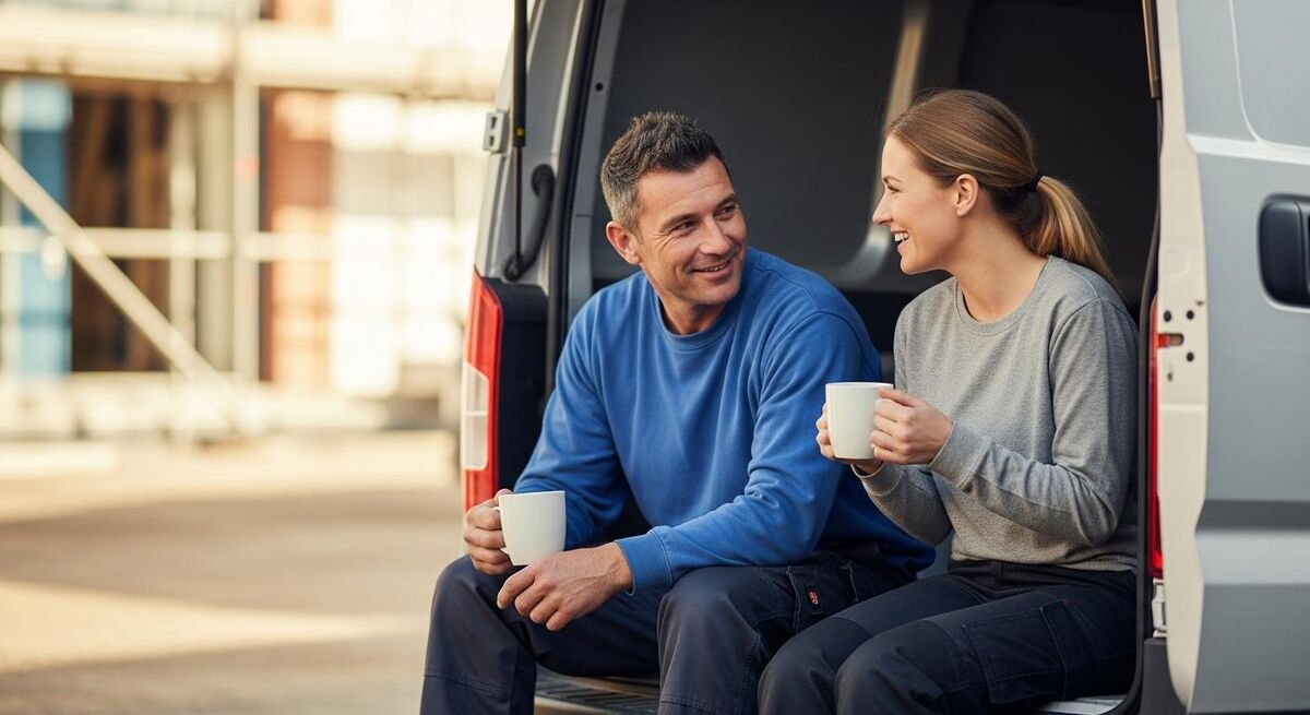 Two tradespeople talking over mugs of tea on the tailgate of a van