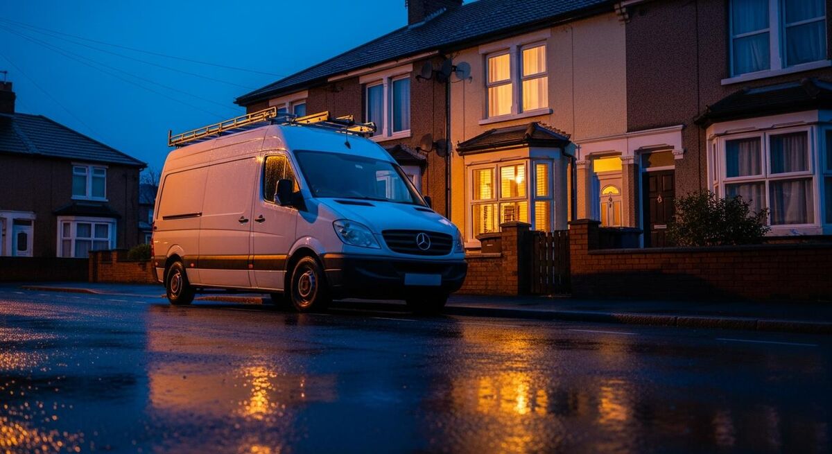 A work van parked outside a terraced house at dusk with warm lights on inside