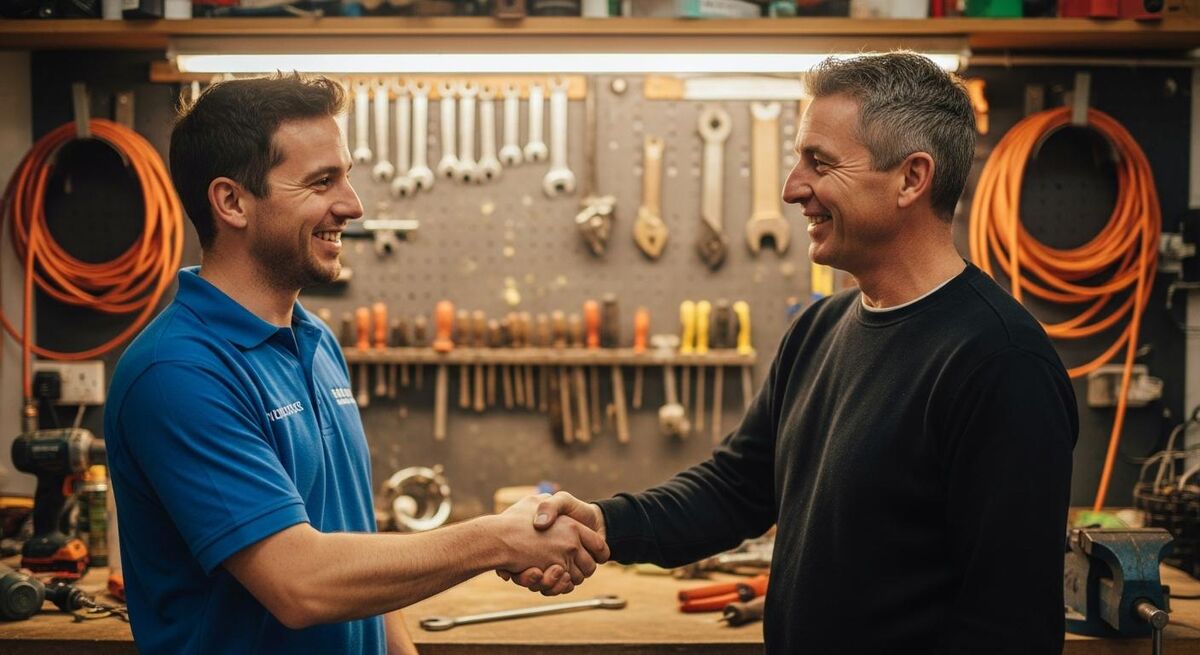 A business owner thanking an engineer with a handshake in a workshop