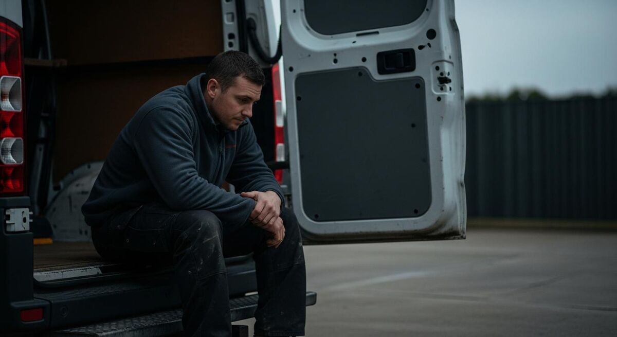 A heating engineer loading tools into a work van at the end of a long day