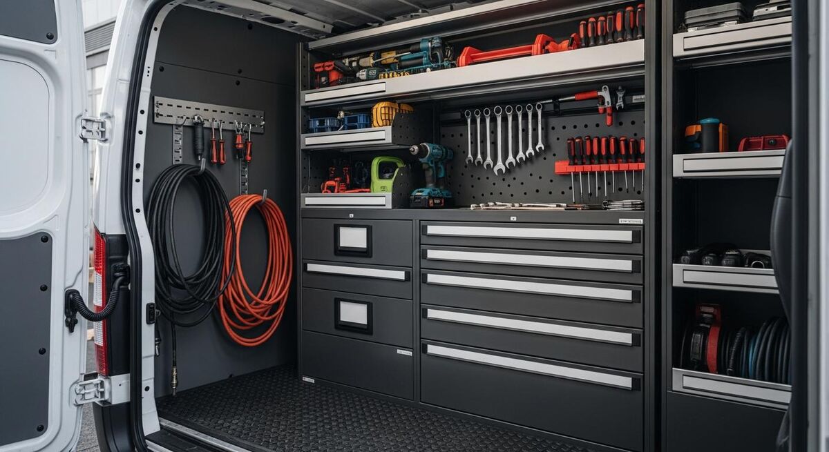 A well-organised work van interior with tools neatly racked and stored