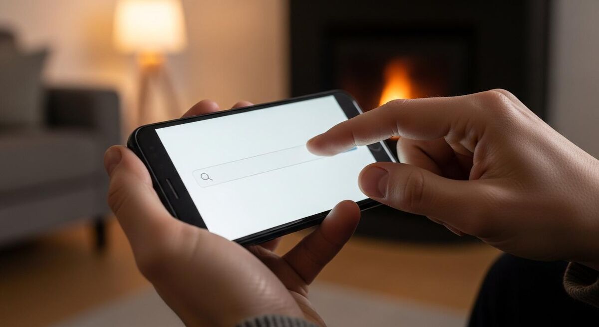 Close-up of a homeowner typing a heating company name into a phone search bar, screen angled away from the camera