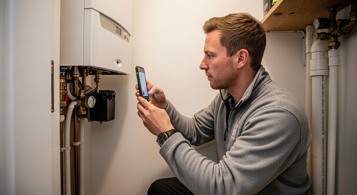 Heating engineer in a work fleece photographing a serviced boiler on a phone in a domestic airing cupboard