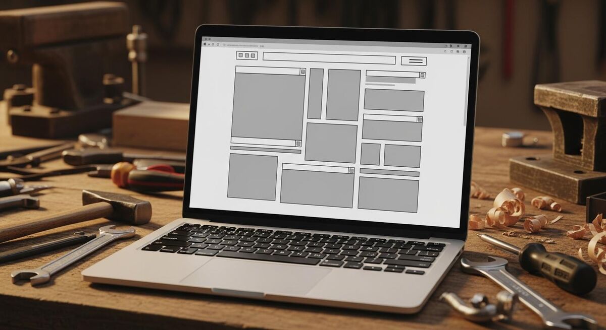 Laptop on a workshop bench showing an abstract website layout wireframe made of plain blocks with no readable text