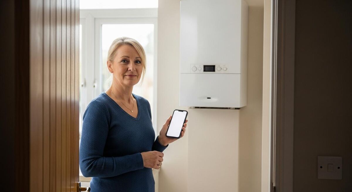 Homeowner holding a phone after a heating engineer visit, screen turned away, about to leave an online review