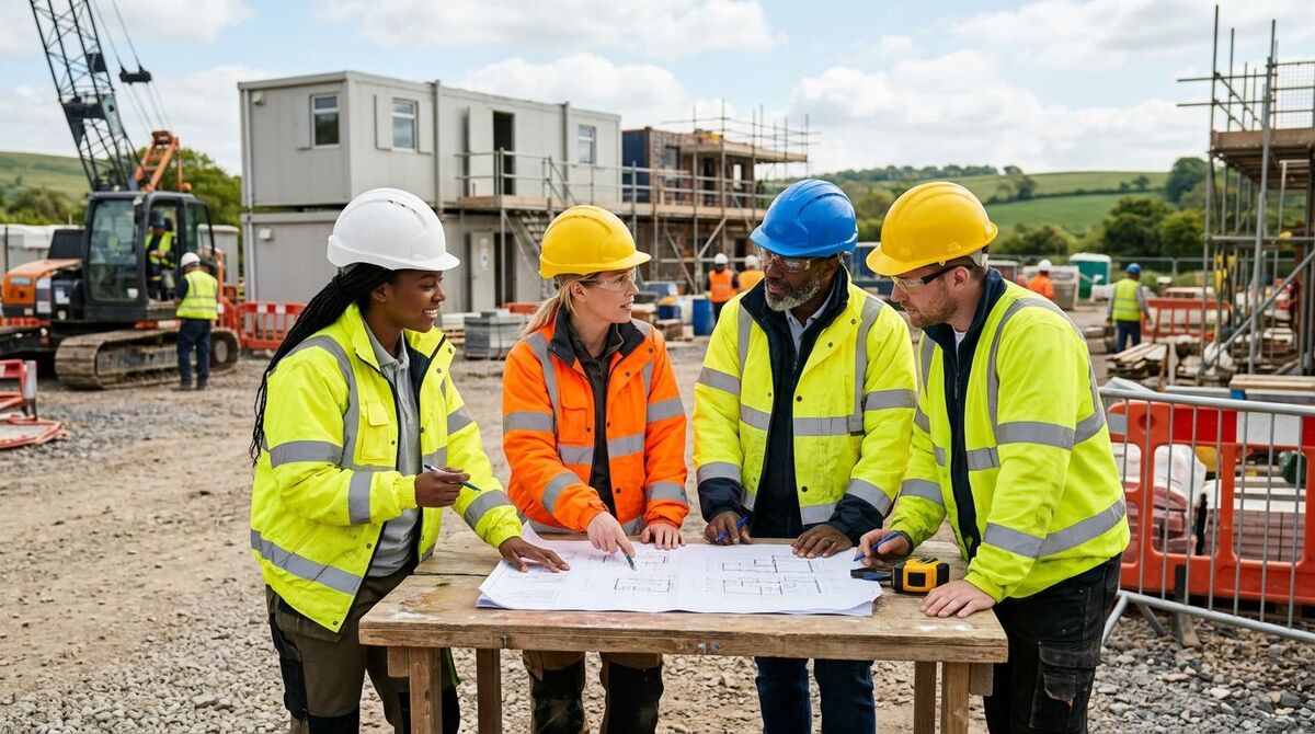 Diverse construction team reviewing blueprints together on a UK building site