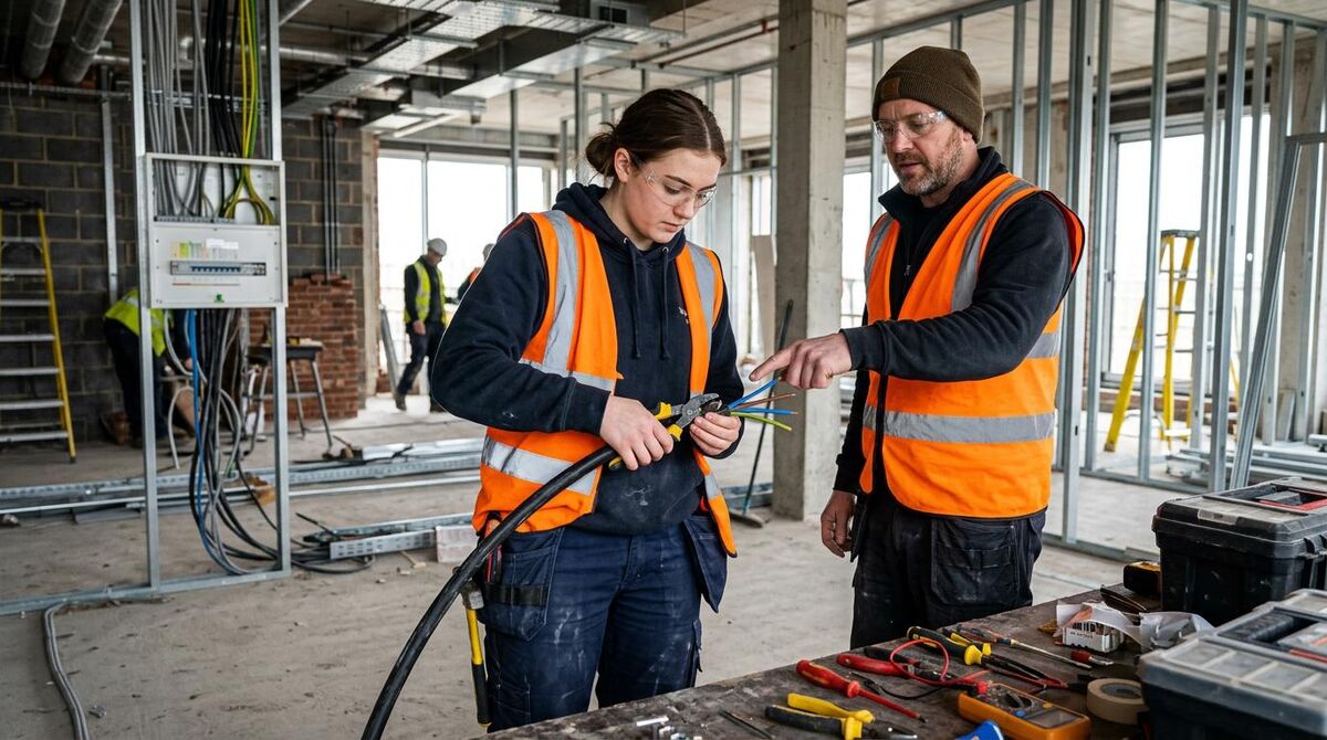 Female apprentice working alongside a trade mentor on a UK commercial building site