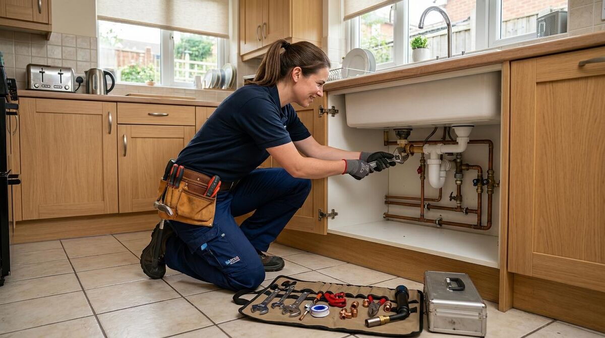 Female plumber working confidently under a kitchen sink in a UK home