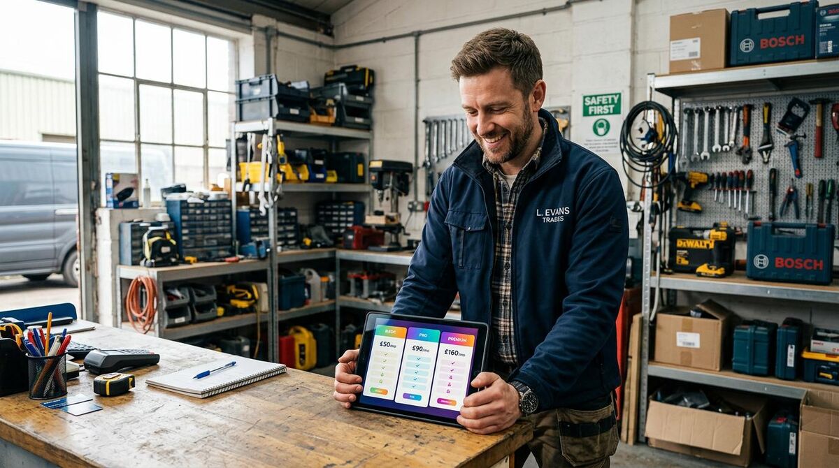 UK tradesperson in a workshop comparing accounting software pricing options on a tablet