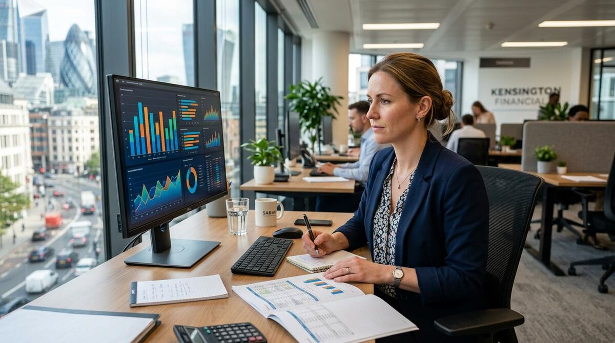 Accountant reviewing bank reconciliation dashboards in a London office