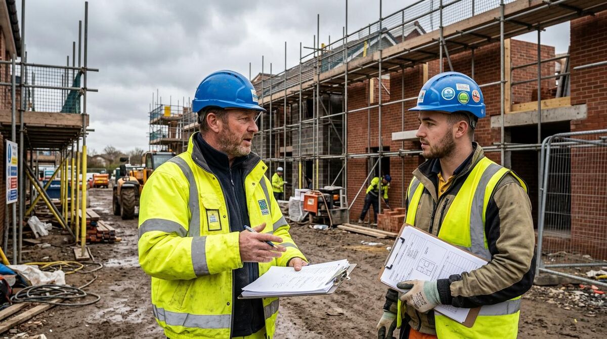 UK contractor and subcontractor discussing CIS payment paperwork on a construction site