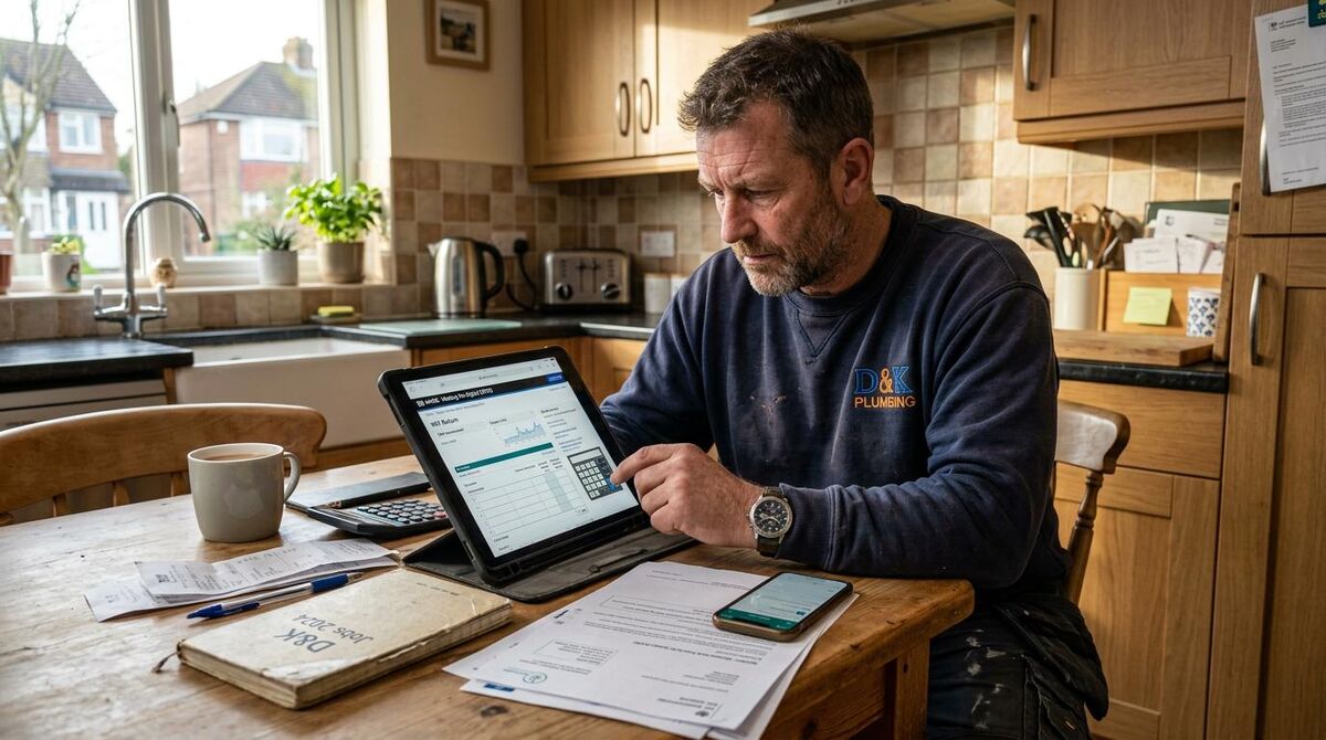 UK plumber reviewing Making Tax Digital requirements on a tablet at home