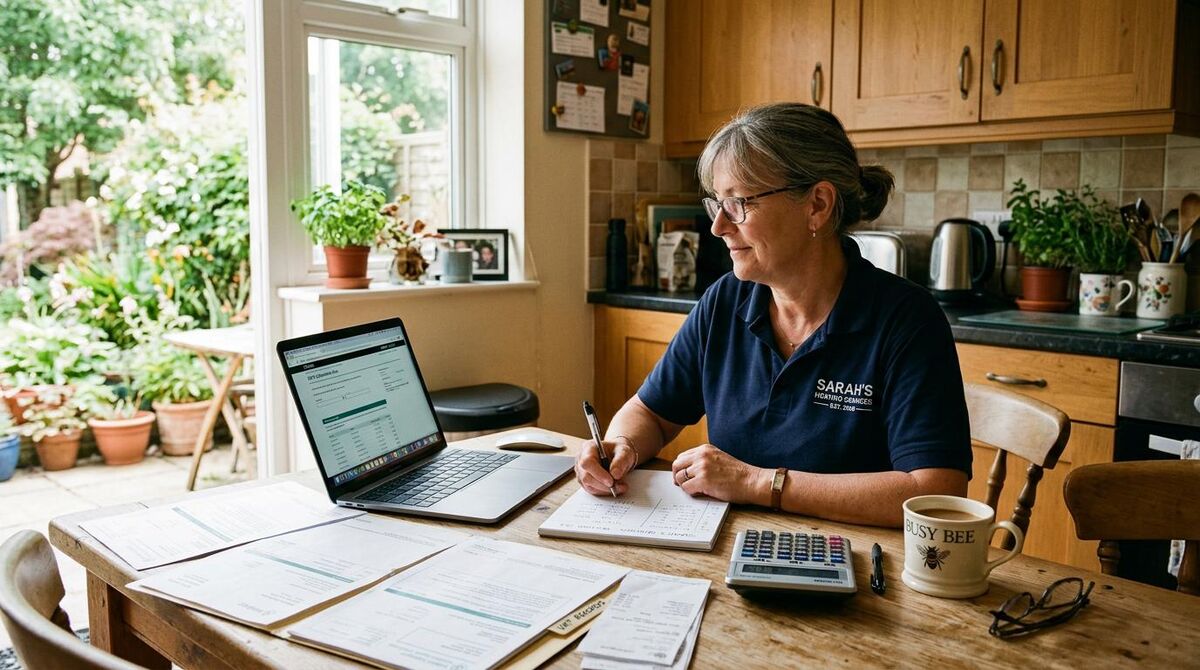 UK trades business owner completing VAT return on laptop at kitchen table