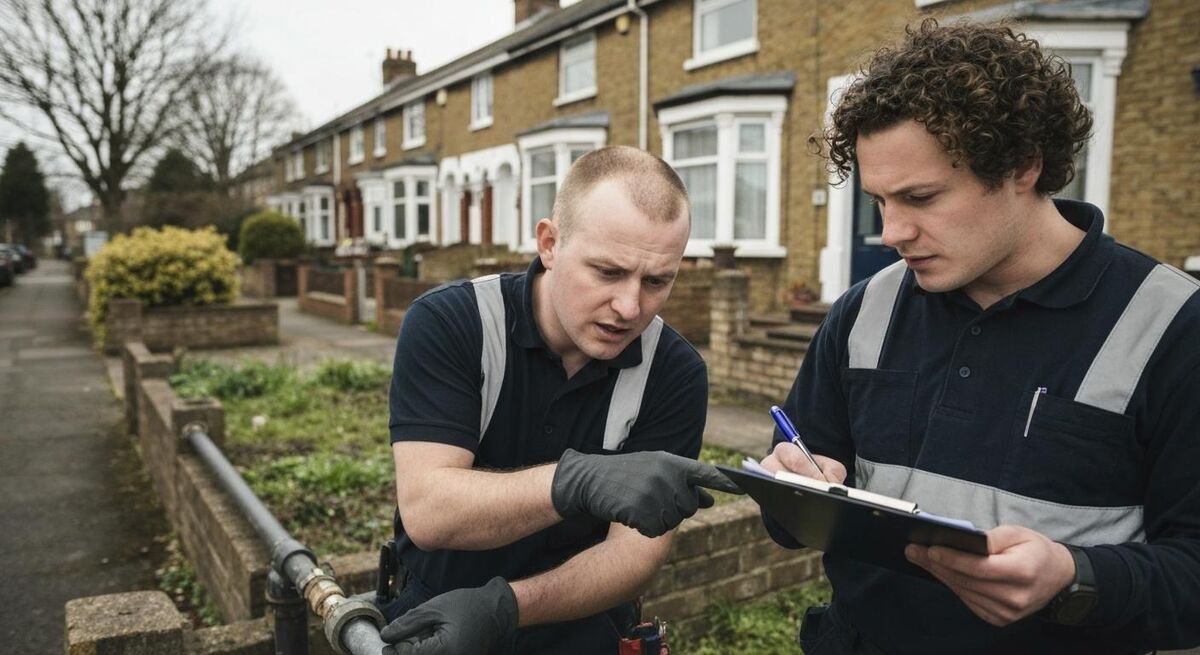 Two heating engineers side by side comparing notes about their Google Business Profile settings